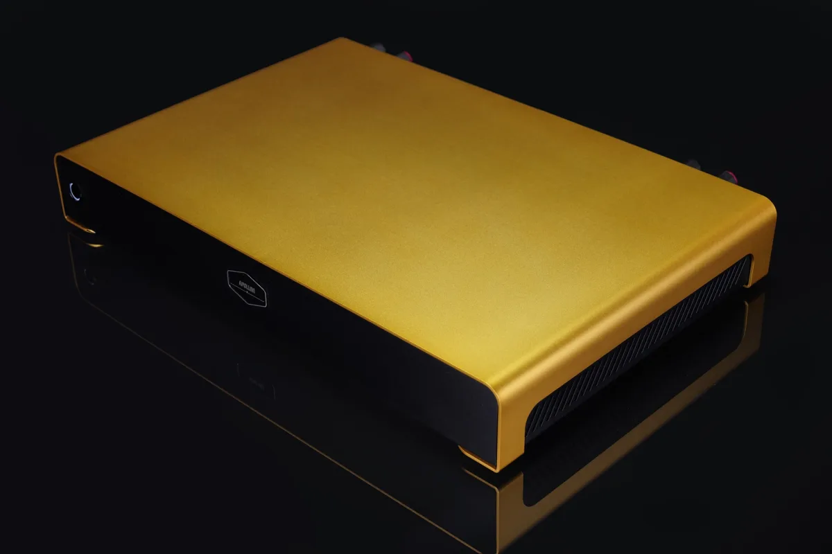 Hypex Nilai 500 Dual Mono Amplifier Apollon Audio Front Side View Gold Color